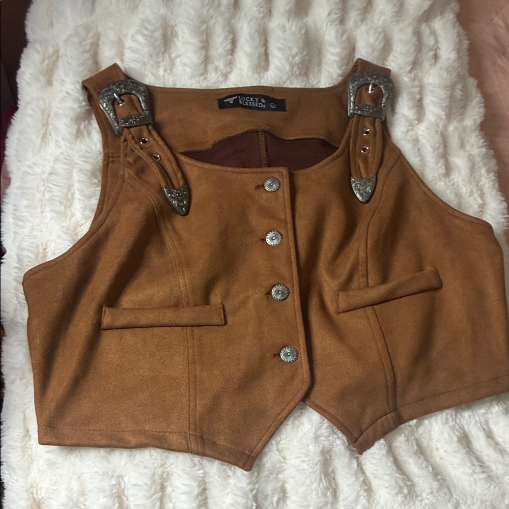 Lucky & Blessed Tan Suede Crop Vest